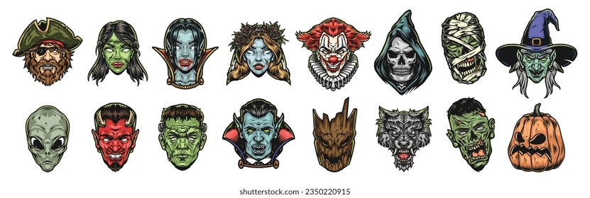 Halloween monstruos coloridos pegatinas con cabezas criaturas asquerosas de otros mundos para todos los santos diseño de fiesta ilustración vector