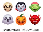 Halloween monsters emoji. Scary monster costume 3d face emojis, comic zombie head avatar horror character emoticon collection scary ghost expression, ingenious vector illustration of halloween costume