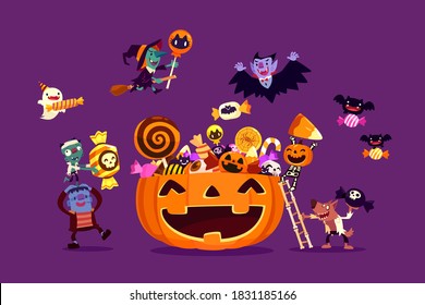 Los monstruos de Halloween llenan una cesta de calabaza tallada gigante con dulces y caramelos. Dibujo de caricatura de personajes de Halloween. 