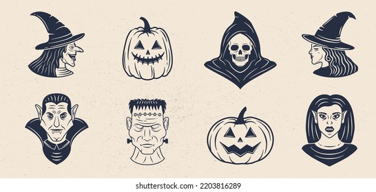 Cabeceras de monstruos de Halloween preparadas. Parca, brujas, vampiros, íconos de monstruo y calabazas. Caracteres de Halloween aislados en fondo blanco. Ilustración del vector