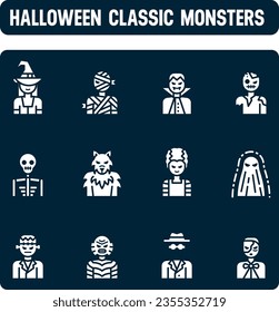 Icono de monstruos de Halloween. Juego de vectores clásicos. Diseño de icono relleno. 31 de octubre