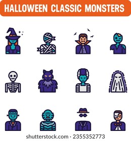 Halloween monsters icon. Classic monsters vector set. Color icon design. 31 October