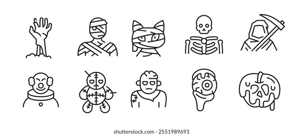 Monstruos de Halloween iconos. Conjunto de 10 iconos mínimos de moda. Frankenstein, Payaso, Muerte, Icono fantasma. Signos de diseño para la página de Web, App móvil, diseño de embalaje. Ilustración vectorial