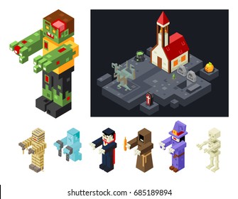 Halloween Monsters Icons Set Curse Evil Flat Design Isometric 3d Game Vector Illustration