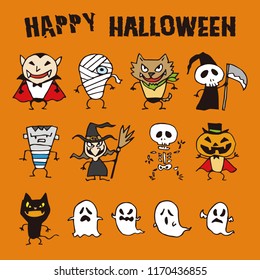 Halloween monsters illustration, Jack o lantern, Dracula, werewolf, Witch, Mummy, Zombie, Skeleton, Pumpkin Men, Ghost, Black Cat