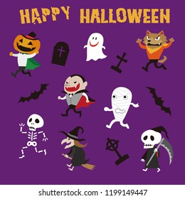 Halloween monsters illustration, Jack o lantern, Dracula, werewolf, Witch, Mummy, Zombie, Skeleton, Pumpkin Men, Ghost