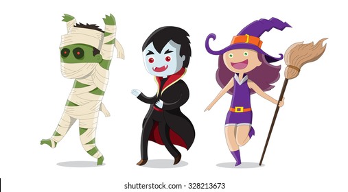 Halloween Monsters including Mummy, Witch and Dracula