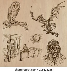 Halloween, Monsters, Magic (and Fairy Tales) - Collection of an hand drawn illustrations. Description: Each drawing comprise of two (or three layer) of outlines, the colored background is isolated.