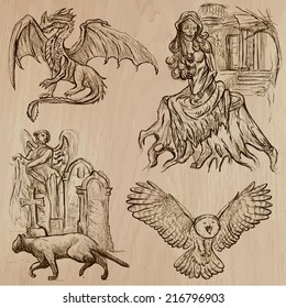 Halloween (Monsters, Magic and Fairy Tales) - Collection (no.6) of an hand drawn illustrations. Each drawing comprise of two (or three layer) of outlines, the colored background is isolated.