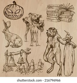 Halloween (Monsters, Magic and Fairy Tales) - Collection (no.6) of an hand drawn illustrations. Each drawing comprise of two (or three layer) of outlines, the colored background is isolated.