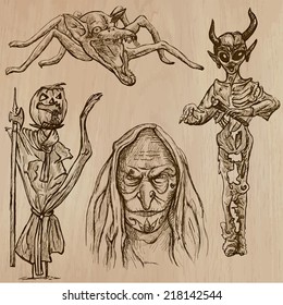 Halloween (Monsters, Magic and Fairy Tales) - Collection (no.13) of an hand drawn illustrations. Each drawing comprise of two (or three layer) of outlines, the colored background is isolated.
