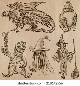 Halloween (Monsters, Magic and Fairy Tales) - Collection (no.10) of an hand drawn illustrations. Each drawing comprise of two (or three layer) of outlines, the colored background is isolated.