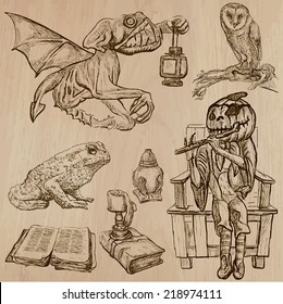 Halloween (Monsters, Magic and Fairy Tales) - Collection (no.17) of an hand drawn illustrations. Description: Each drawing comprise of three layer of outlines, the colored background is isolated.