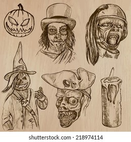 Halloween (Monsters, Magic and Fairy Tales) - Collection (no.16) of an hand drawn illustrations. Description: Each drawing comprise of three layer of outlines, the colored background is isolated.
