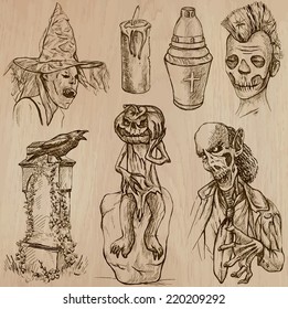 Halloween (Monsters, Magic and Fairy Tales) - Collection (no.18) of an hand drawn illustrations. Description: Each drawing comprise of three layer of lines, the colored background is isolated.