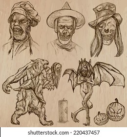 Halloween (Monsters, Magic and Fairy Tales) - Collection (no.20) of an hand drawn illustrations. Description: Each drawing comprise of three layer of lines, the colored background is isolated.