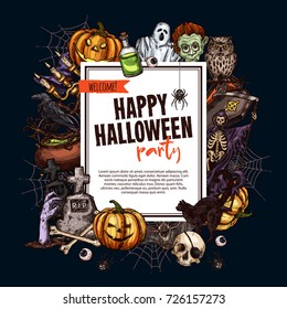 Halloween monsters party poster for trick or treat holiday night celebration. Vector sketch pumpkin lantern, zombie or skeleton skull in coffin, spooky Halloween ghost on graveyard tombstone.