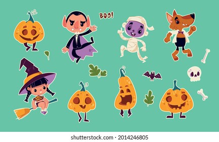 Halloween monsters and pumpkins in a dance pose. Halloween characters - dracula, pumpkin, mummy, wolf, witch. Vector illustration in cartoon style for children. Isolated funny clipart