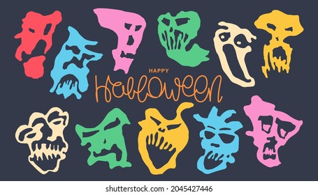 Halloween monsters set. Abstract minimalistic illustration. Hand-drawn surreal faces. Trendy aesthetic vector graphics 