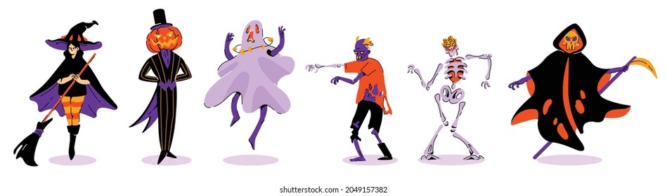 Halloween monsters set. Costumes. Creepy and funny monsters on a white background in a single color palette. Witch, pumpkin head, ghost, zombie, skeleton and grim reaper. Colorful vector illustration 