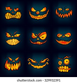 halloween monsters set, hand-drawing vector illustration, face square avatar collection, 
pumpkin beast, smiley face icon