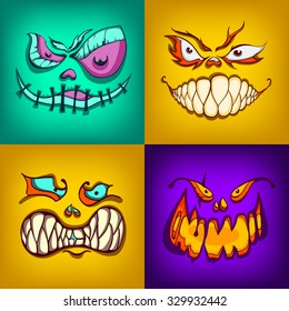 halloween monsters set, hand-drawing vector illustration, face square avatar collection, 
pumpkin beast, smiley face icon