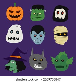 Los monstruos de Halloween ponen cabeza, calabaza, Frankenstein, pañal, fantasma, vampiro, momia, bruja, lobo, monstruo de la laguna, personajes, para la decoración