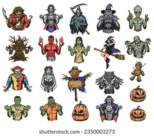 Monstruos de Halloween ponen pegatinas coloridas con brujas y zombis asustando a la gente la noche del 31 de octubre ilustración vectorial