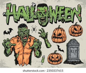 Halloween monsters set stickers colorful with scary green zombie near gravestone and pumpkins with terrible grimaces vector illustration