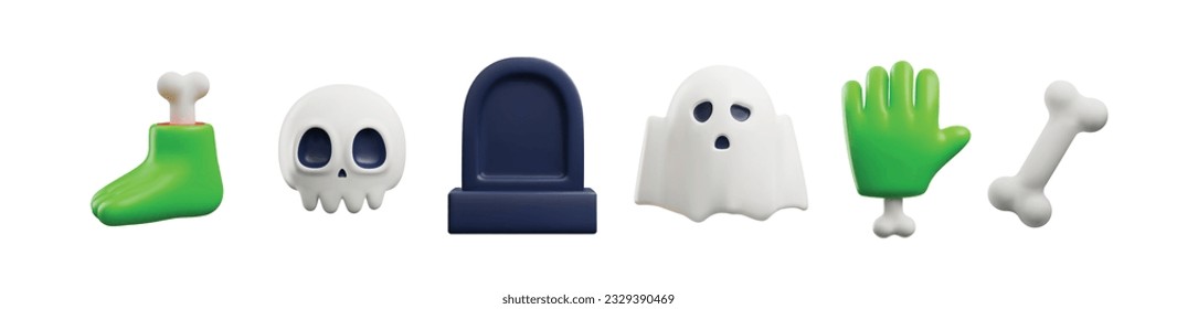 Halloween monsters and spooky items rendered icons set, 3D realistic vector illustration isolated on white background. Halloween holiday volumetric icons.