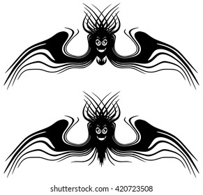 Halloween monsters with wings. Tattoo. Isolated on white background, Abstract bats for halloween theme. Black bats isolated. 