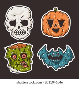 Halloween monsters, zombie, pumpkin, skull and bat vector cartoon set isolated on background.