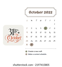 Halloween month October calendar vector.