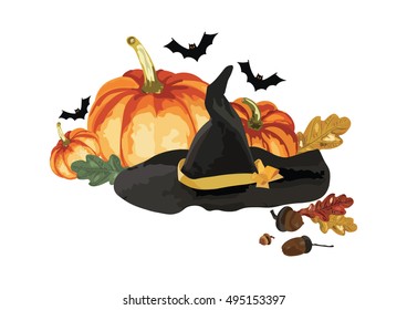 Halloween mood. Witch hat and flying bats.Pumpkins,acorns and autumn leaves.