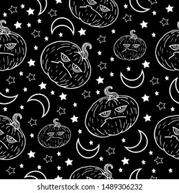 Halloween moody pumpkin, stars and white line month on black background pattern vector illustration for decoration and design
