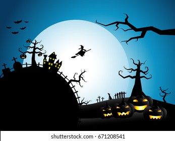 Halloween  Moon background with pumpkins and a flying witch from dark castle 