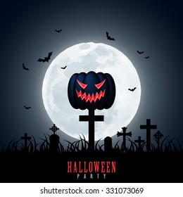 Halloween Moon Cross Tombstone Graveyard Red Pumpkin Graphic Design Vector Illustration EPS10