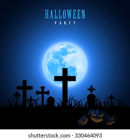 Halloween Moon Graveyard Tombstone Blue Graphic Design Vector Illustration EPS10