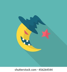 Halloween moon icon, Vector flat long shadow design. Halloween concept.