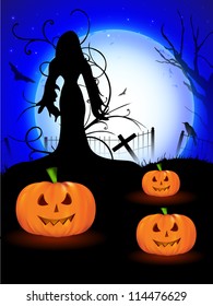 Halloween moon light night background with scary pumpkins and silhouette of a witch. EPS 10.