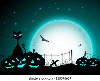Halloween moon light night background with scary pumpkins, flying bats  and black cat. EPS 10.