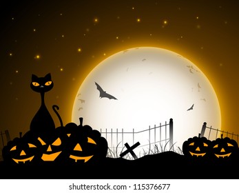 El fondo de la noche de la luna de Halloween con calabazas aterradoras, murciélagos voladores y gato negro. EPS 10.