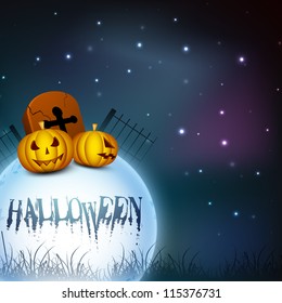 Halloween moon light night background with pumpkins, gravestone and stars. EPS 10.