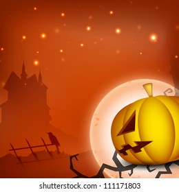 Halloween moon night background scary pumpkin and haunted house silhouette. EPS 10.