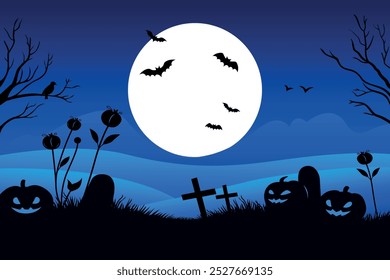 Halloween moon night landscape with pumpkins bats dark blue sky. Chilling halloween night with carved pumpkins, bats and full moon vector art.