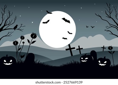 Halloween moon night landscape with pumpkins and bats. Chilling halloween night scene with carved pumpkins and full moon vector illustration in a haunted graveyard.