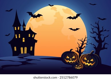 Lua de Halloween com abóboras, morcegos, cemitério e castelo assustador. Folheto de férias, cartaz ou banner. Ilustração do vetor de Halloween.