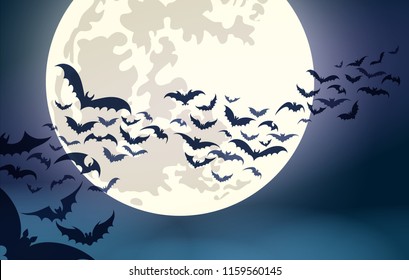 Halloween moon. Scary october night moon with flying bats flock spooky vector background