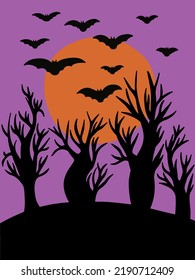 Halloween moon vector flat illustration. Scary Halloween landscape with trees silhouette and black bats.