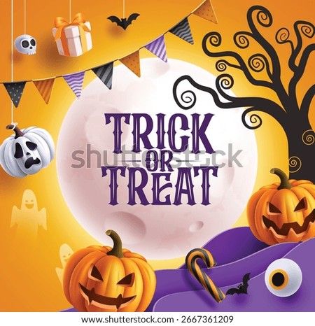 Halloween moon vector template design. Happy halloween greeting text in full moon elements, pumpkins and hanging decoration in paper cut background. Vector illustration horror scary greeting card.  
